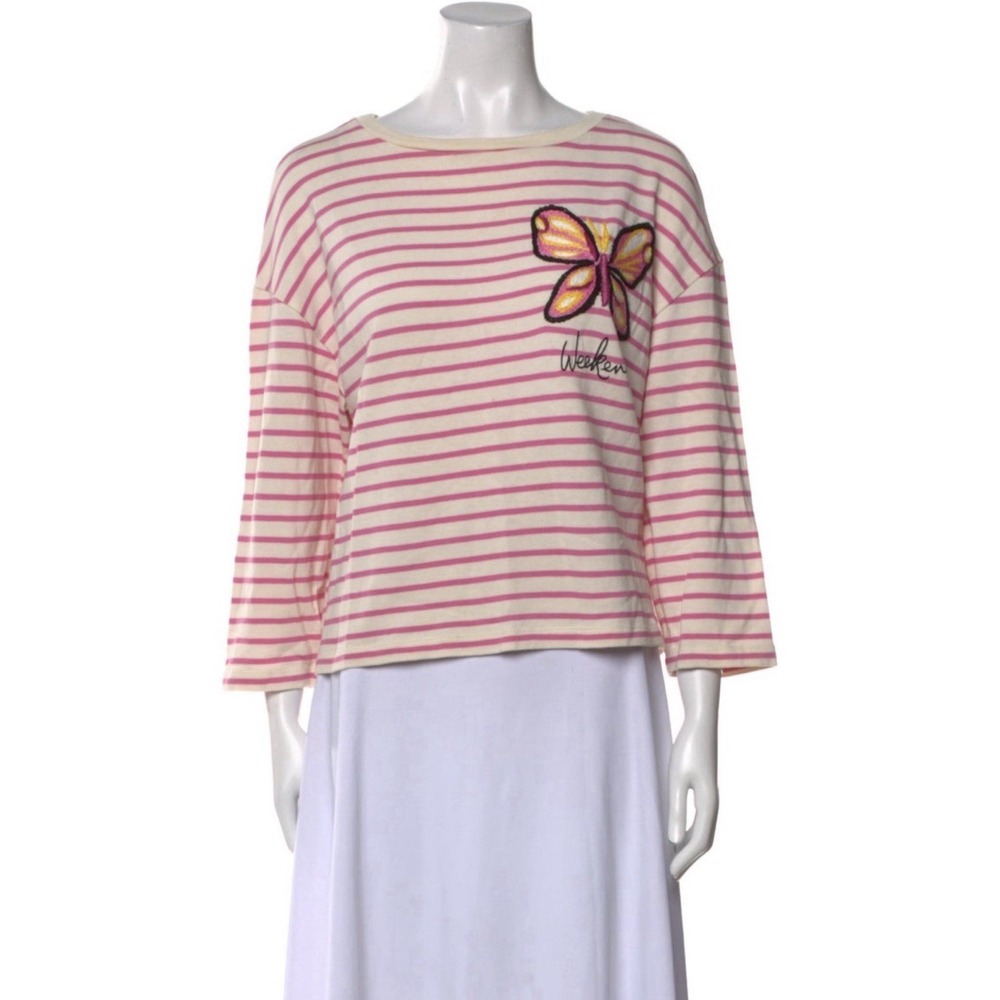 Max‎ Mara Weekend Striped Pink Beige 3/4 Sleeve Round Neck Embroidered Top L